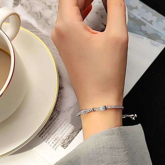 Silver Zircon Bow Knot Bracelet, Adjustable, Women’s, Minimalist, Jewelry - Picture 2 of 7